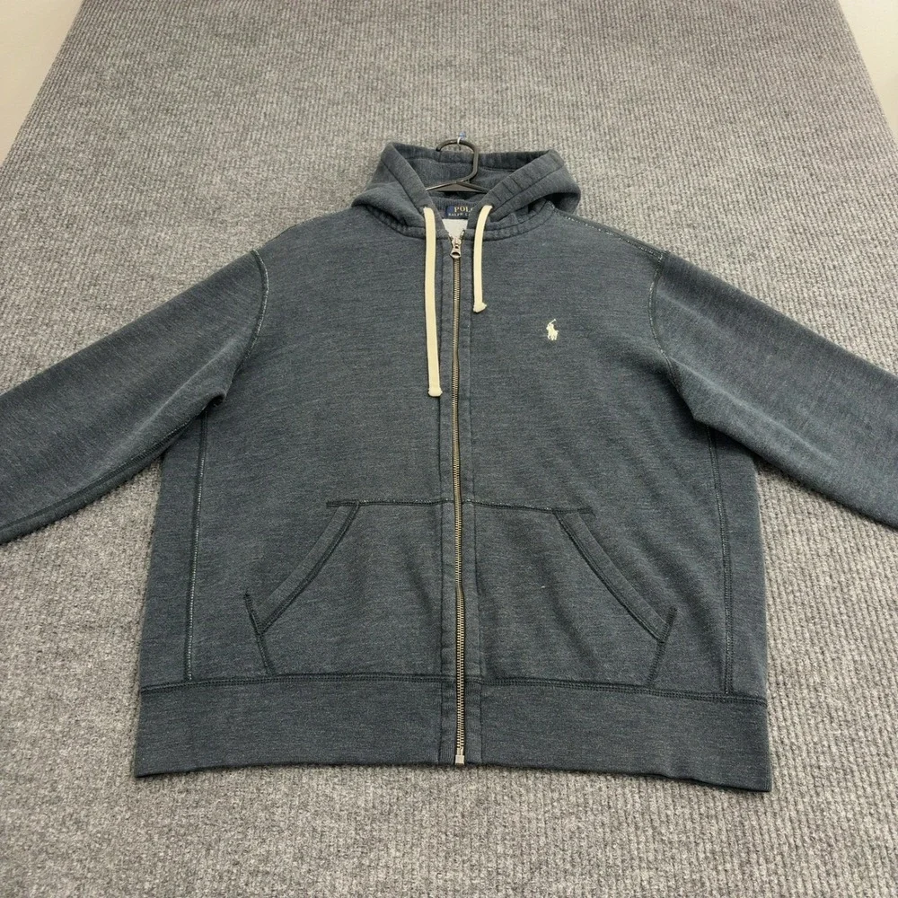 Polo Ralph Lauren Hoodie Mens XL Gray Cotton Full Zip Pocket Casual Streetwear